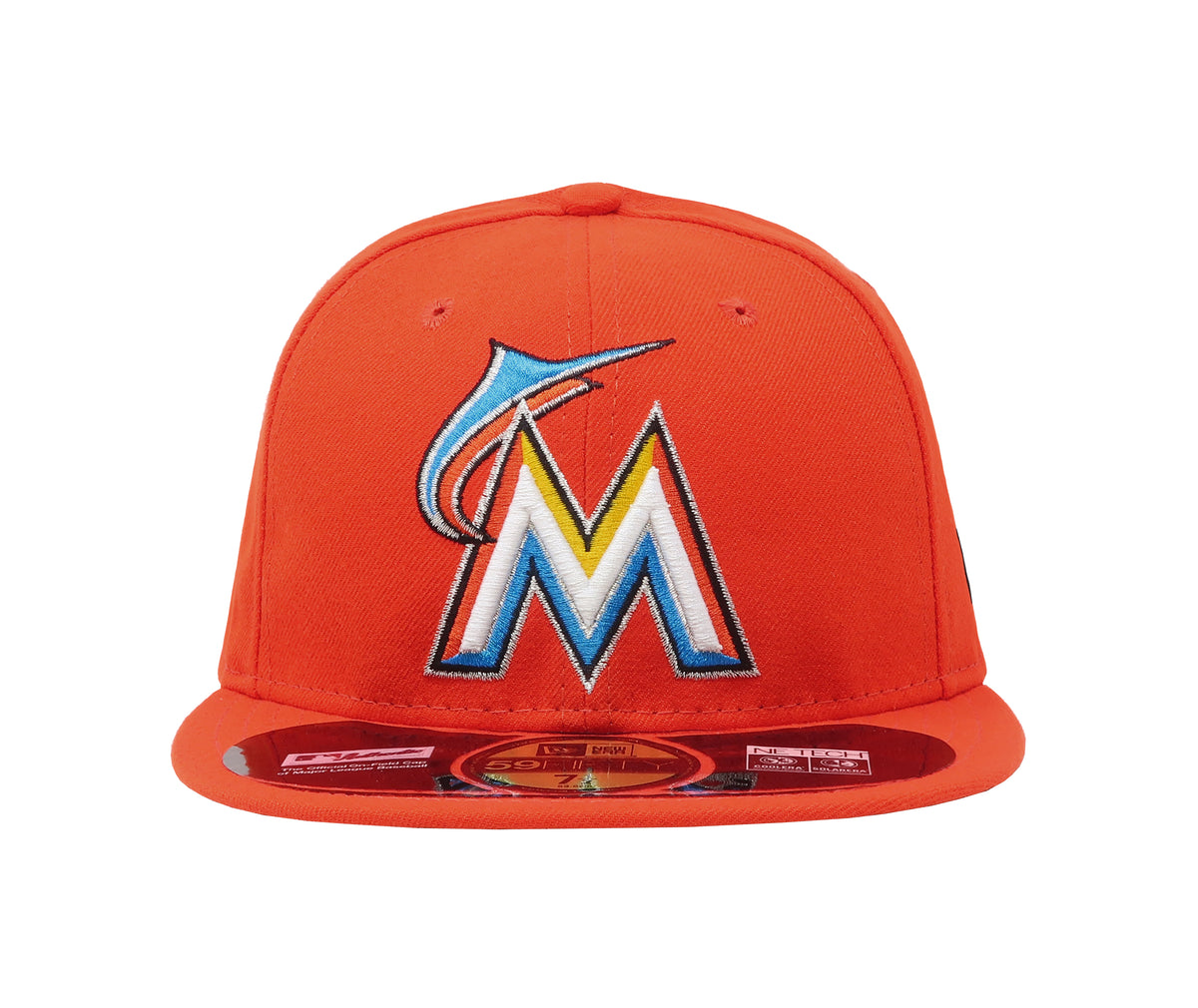 New Era MLB On Field 59FIFTY Fitted Cap Miami Marlins orange/Black hat Sz.  7 3/8